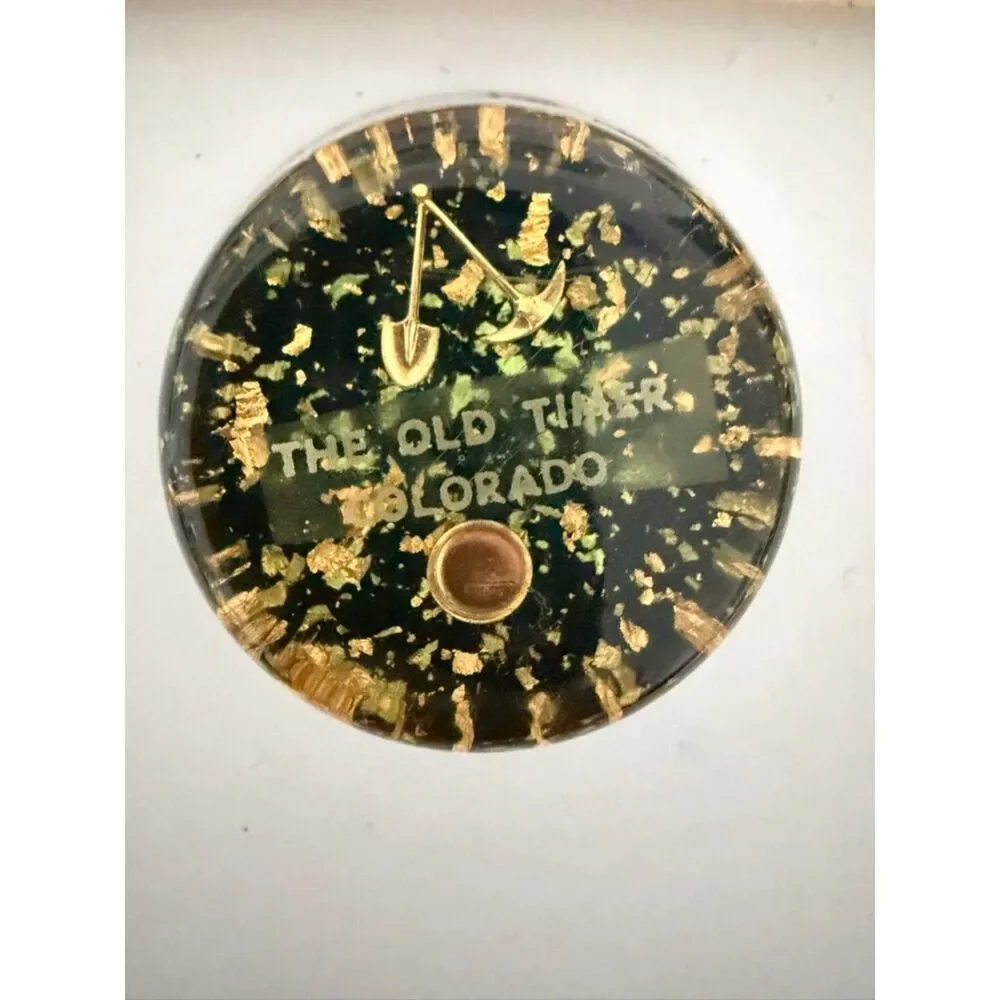 Vintage Colorado Gold mining themed souvenir paperweight with gold flakes